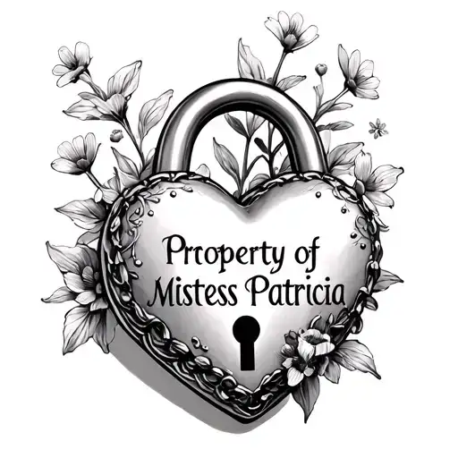heart shaped lock with small flowers text says Property of Mistress Patricia on lock tattoo design idea
