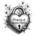 heart shaped lock with small flowers text says Property of Mistress Patricia on lock tattoo design idea