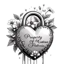 heart shaped lock with small flowers text says Property of Mistress Patricia on lock tattoo design idea