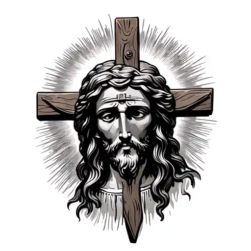a hill with crucifix wooden cross surrounded by halo with Jesus face tattoo design idea