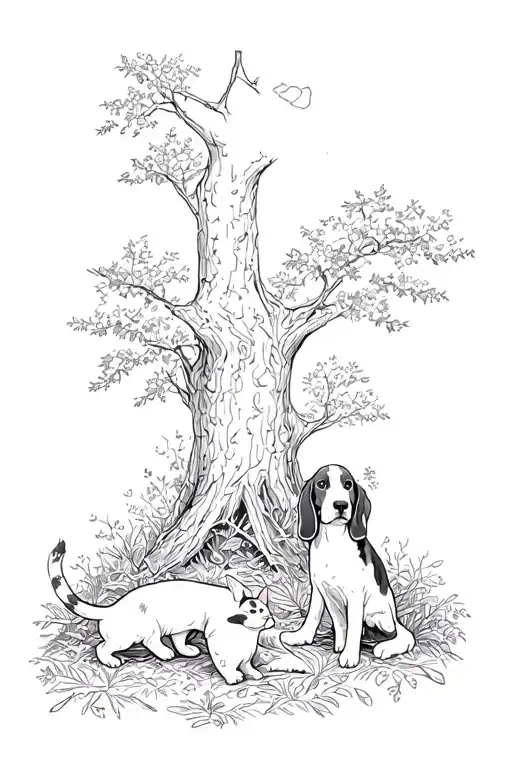 woodland forest with cats and basset hounds playing tattoo design idea