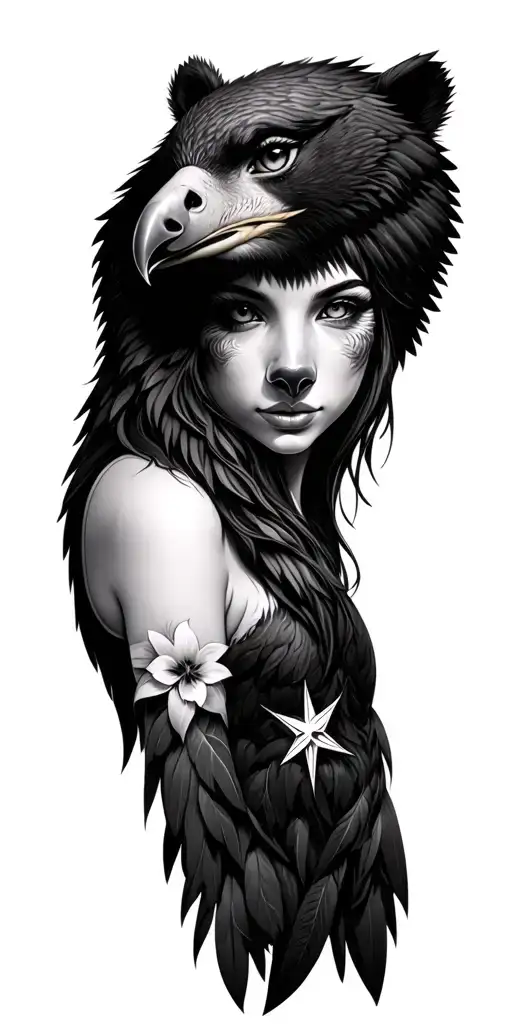 Bear, Eagle, eye, beautiful woman, star tattoo design idea