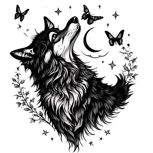 wolf howling, butterflies, little stars and moons  tattoo design idea