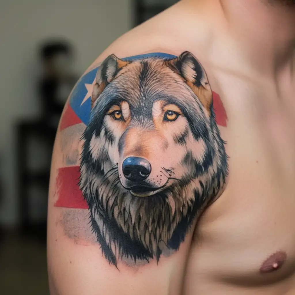 wolf in front of a Puerto Rican flag tattoo design idea