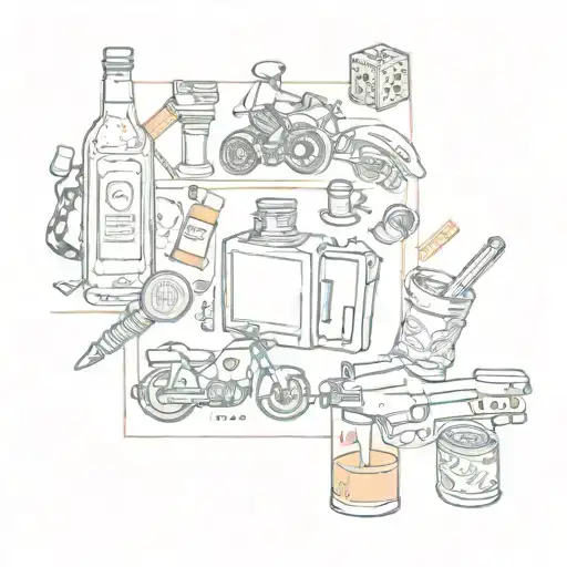 collage liquor bottle, lipstick,  dice,  cards,  a mirror,  motorcycle,  tattoo machine,  drugs,  a Frying pan, pacifier tattoo design idea