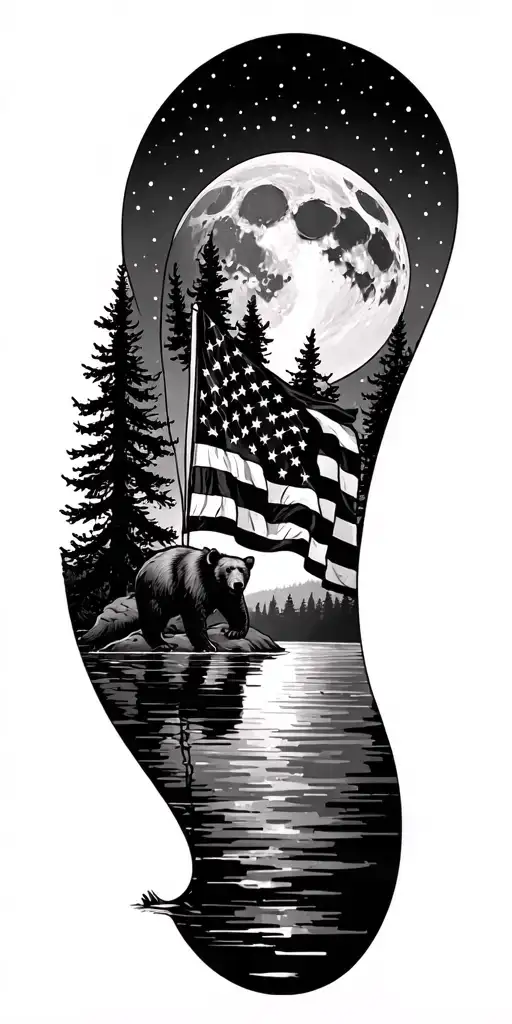 moon and American flag with trees and lake and a bear tattoo design idea