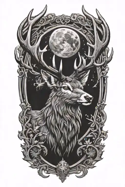 thick stag head with large antlers, moon surrounded, yggdrasil tattoo design idea