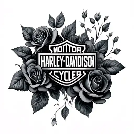 a black and grey Harley Davidson logo with softly shaded black and grey realistic roses around it tattoo design idea