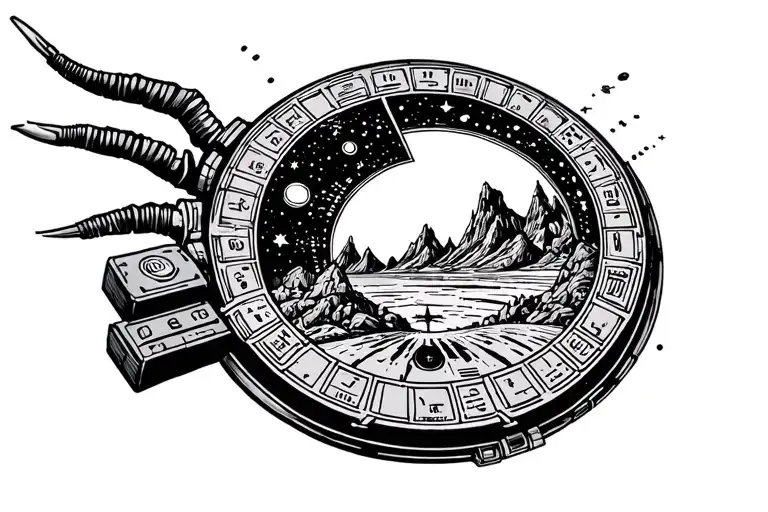 stargate with a dialing device in a scenic background tattoo design idea