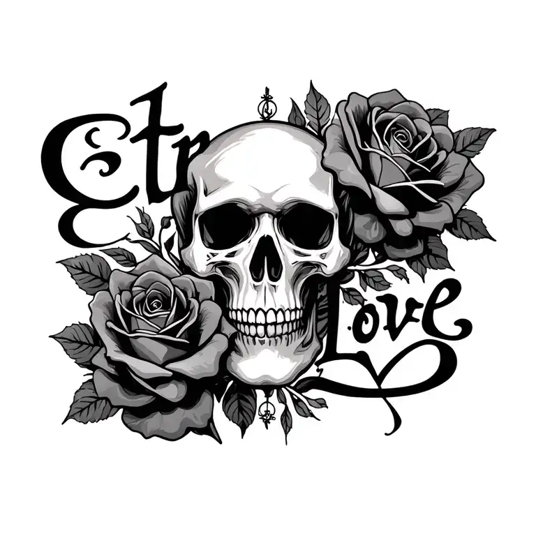 "Eternal love" skull and roses dangle mandala gothic style tattoo design idea