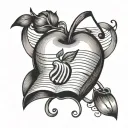 A tattoo featuring a teacher's apple and a music note, representing the client's occupation and passion for music tattoo design idea