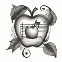 A tattoo featuring a teacher's apple and a music note, representing the client's occupation and passion for music tattoo design idea