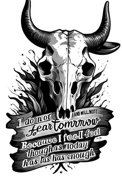 western Bull skull with quote "I do not and willnot fear tomorrow Because I feel as though today has been enough. tattoo design idea