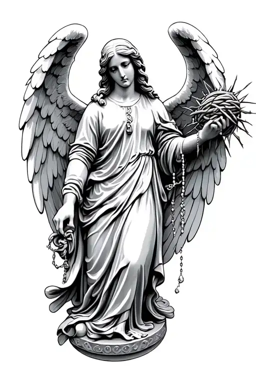 angel statue holding a yarn of thorns in one hand and a rosary in the other tattoo design idea