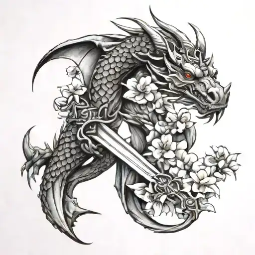 dragon, sword, and cherry blossoms wrapped tattoo design idea