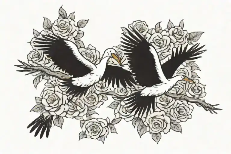 2 storks flying surrounded by roses tattoo design idea