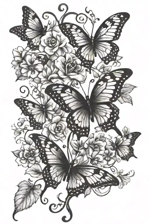 flowers on vine butterflies flying tattoo design idea