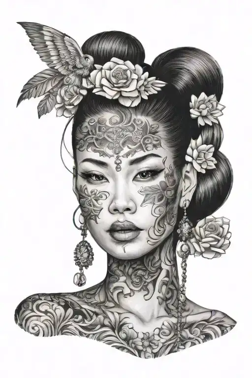 beautiful Asian woman with tattoos tattoo design idea