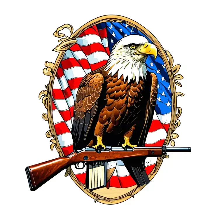 A patriotic bald eagle perched on a rifle with an American flag in the background tattoo design idea