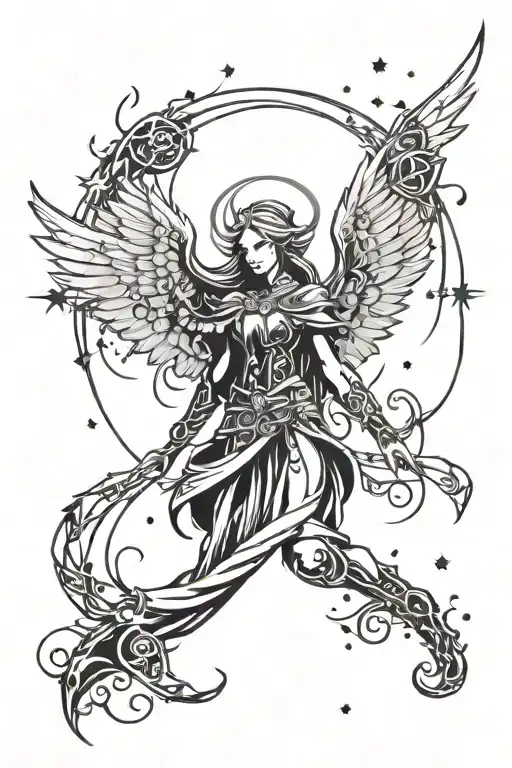 world of warcraft angel surrounded by falling stars and spiral decor tattoo design idea