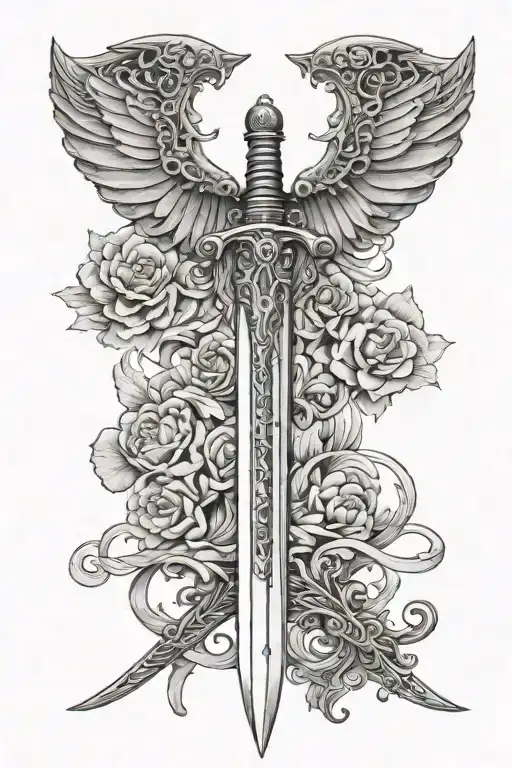 a longsword with one side wing tattoo design idea