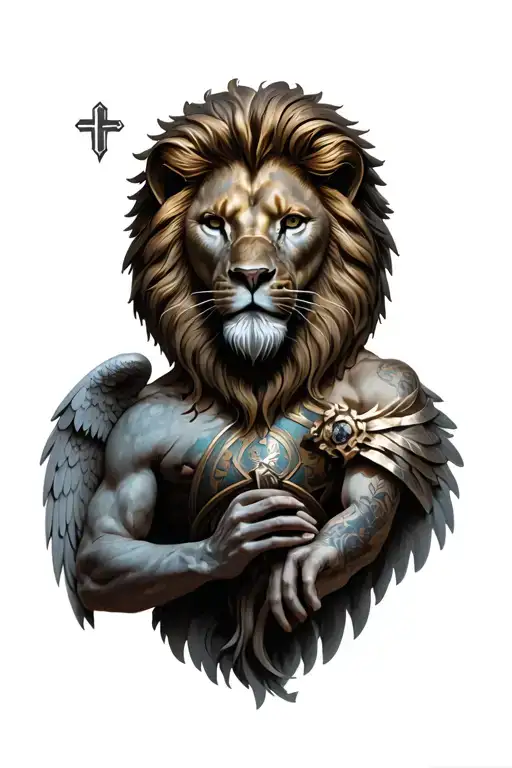 Angel, Cross, Lion Face, God Ares holding tattoo design idea