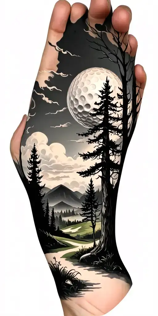 creepy forest scene with cloudy sky golf course golf ball tattoo design idea
