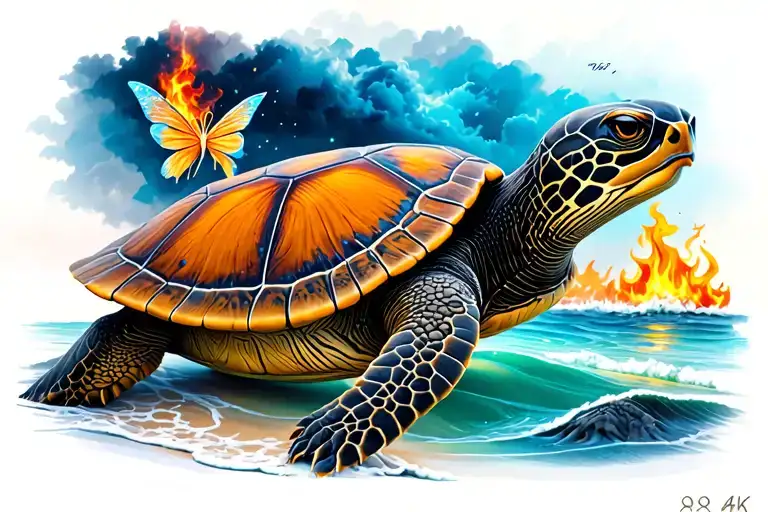 mix: beach, fire, sea turtle, magic mushroom fairy tattoo design idea