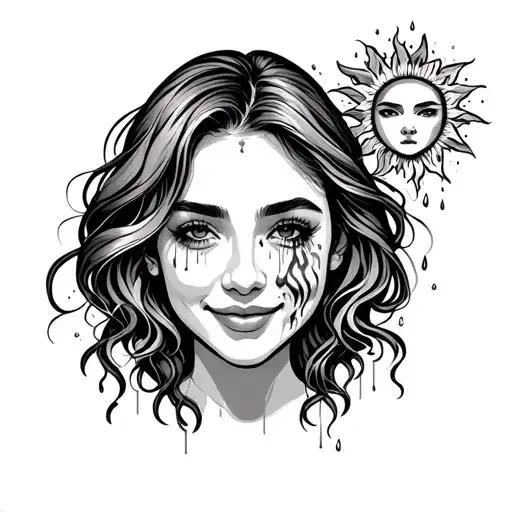 fineline a female face with a smile and sun another face connecting tear down her cheek and thunder and rain tattoo design idea
