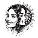 fineline a female face with a smile and sun another face connecting tear down her cheek and thunder and rain tattoo design idea
