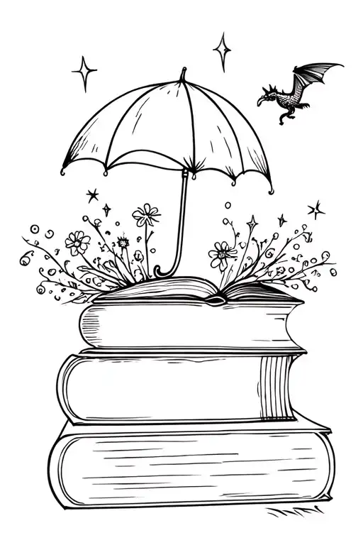 stack of three books with top one open. tardis, Mary Poppins umbrella, wyvern, tiny flowers and stars are flying out tattoo design idea