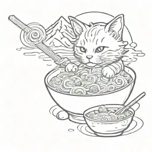 Cat, Ramen, mountain, music tattoo design idea