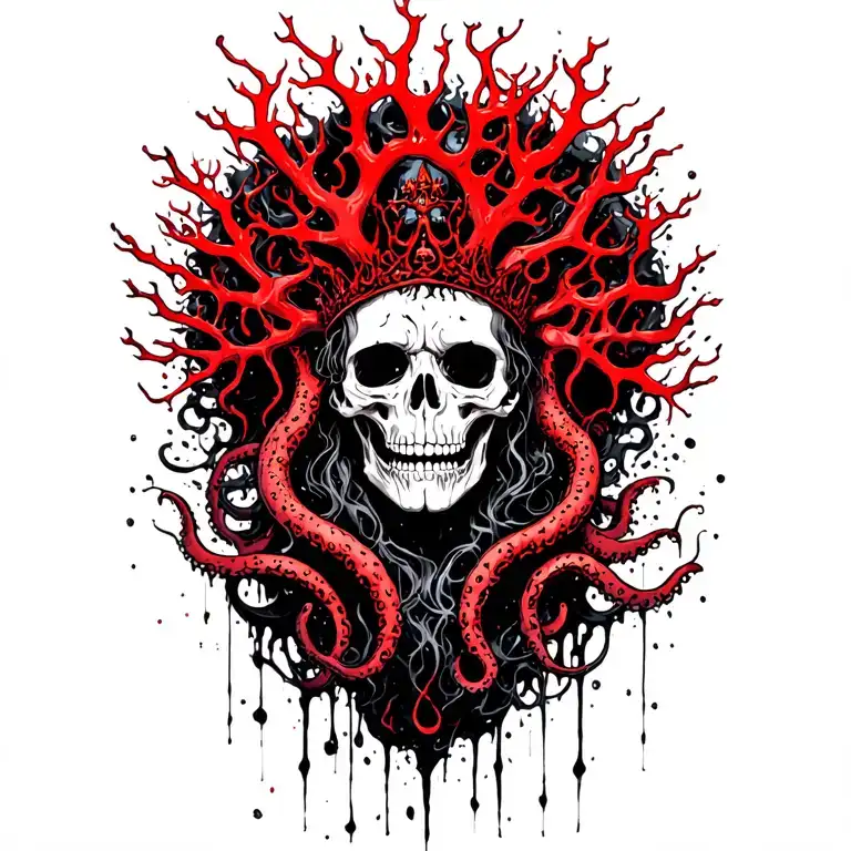 King Of Bones With A Coral Crown, Hades 2 Style, Eldritch, Tentacles, Lovecraftian, Deep Sea tattoo design idea