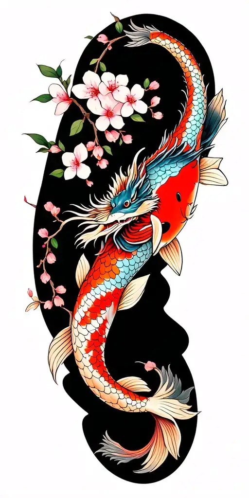 "Fourth timesthecharm(Japanese)" Japanese cherry blossoms flowers vines long wrapping around my shoulder and arm with a dragon and koi fish also wrapped  tattoo design idea