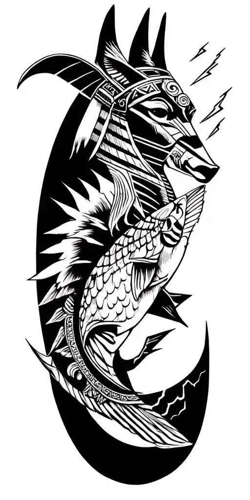 viking rume and Anubis and fish and lightning bolt Featuring Anubis and Fusion Of Inka And Egyptian Symbolism tattoo design idea