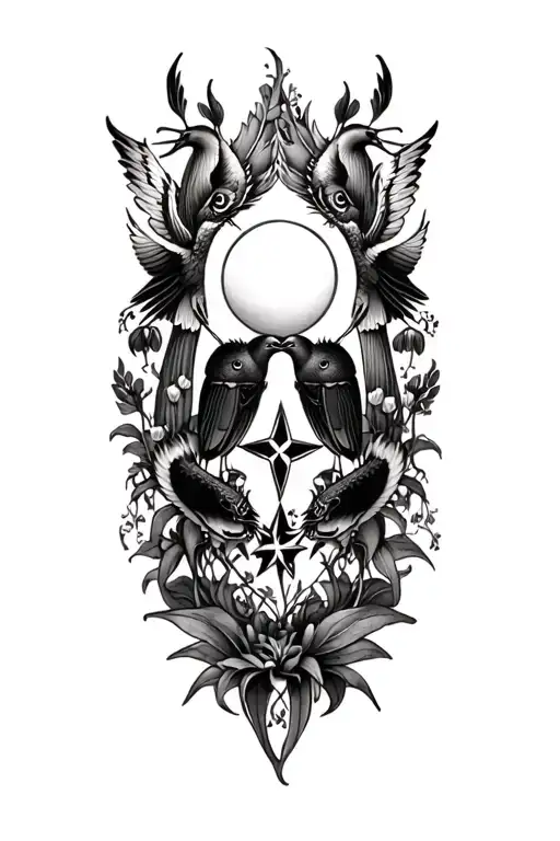2 doves, star, sun, lily of the valley, scarab, dragon. tattoo design idea