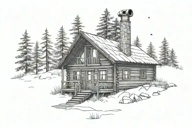 A cozy cabin in the woods with a telescope pointing at the night sky tattoo design idea