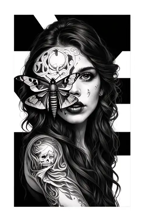 Mens full sleeve tattoo. On forearm girl with death moth over her lips and some Roman numerals incorporated for 2 kids b tattoo design idea