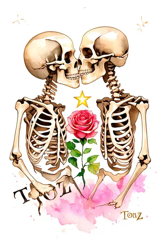 the word 'Tonz' 2 skeletons kissing and Star transforming into a rose tattoo design idea