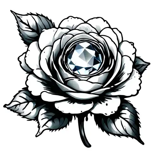 top down view of a large round gemstone sitting in the center of a rosebud with white liquid around the gemstone tattoo design idea