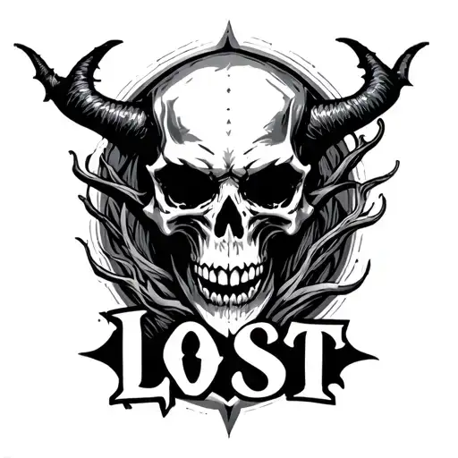 demon skull, over the word lost, on knee tattoo,  tattoo design idea