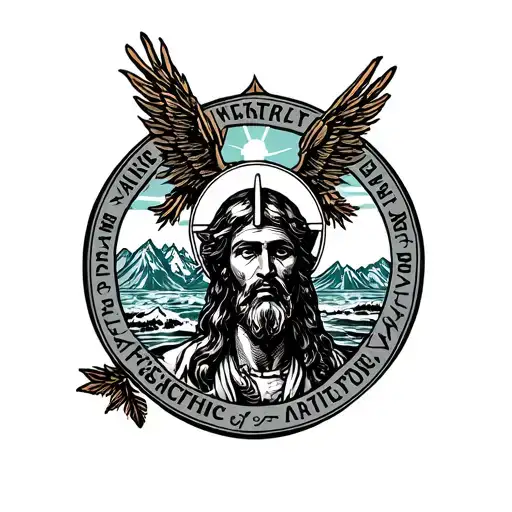 Family Catholic faith, integrity, strength, honor, , Rocky Mountains, Atlantic Ocean son desert  tattoo design idea