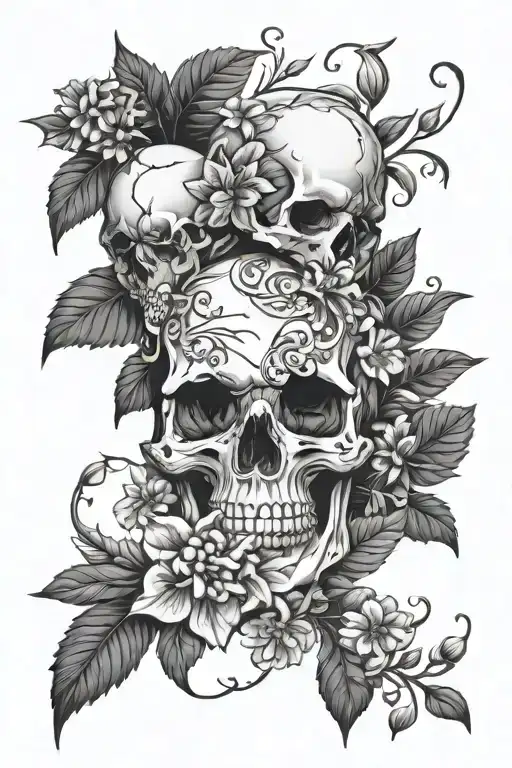 skull hibiscus leaves abstract chrysanthemum aster lily of the valley tattoo design idea
