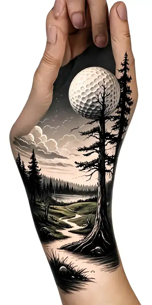 creepy forest scene with stormy sky golf course golf ball tattoo design idea