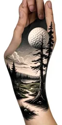 creepy forest scene with stormy sky golf course golf ball tattoo design idea