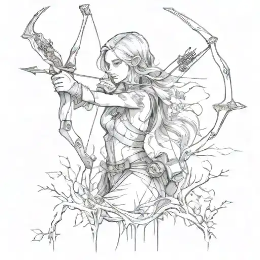 a fantasy huntress with bow and arrow in the woods tattoo design idea