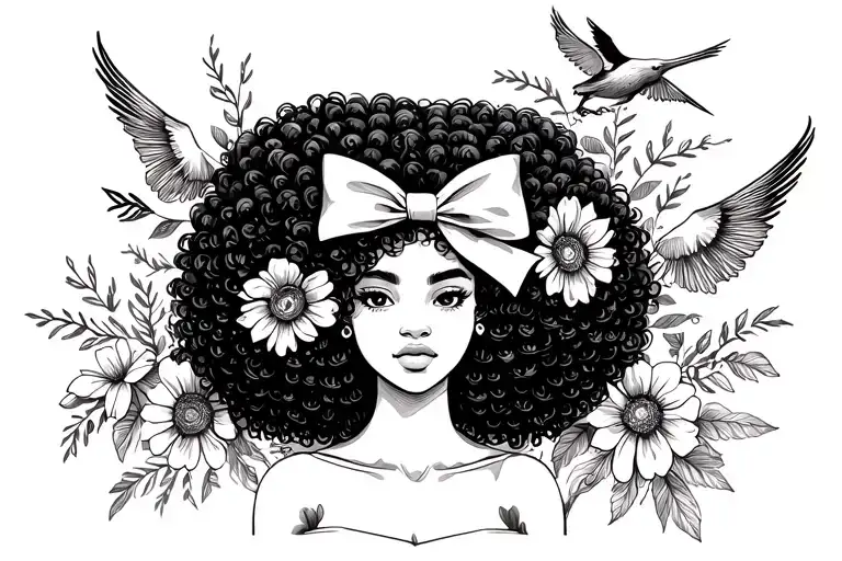 African America girl Afro bow in hair chest with bird flying out and flowers all around this design tattoo design idea