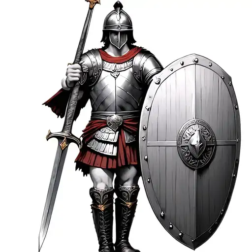Roman soldier wearing boots, breastplate and helmet holding a sword in one had and shield in the other. tattoo design idea