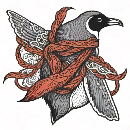 penguin back with a red thread scarf tattoo design idea