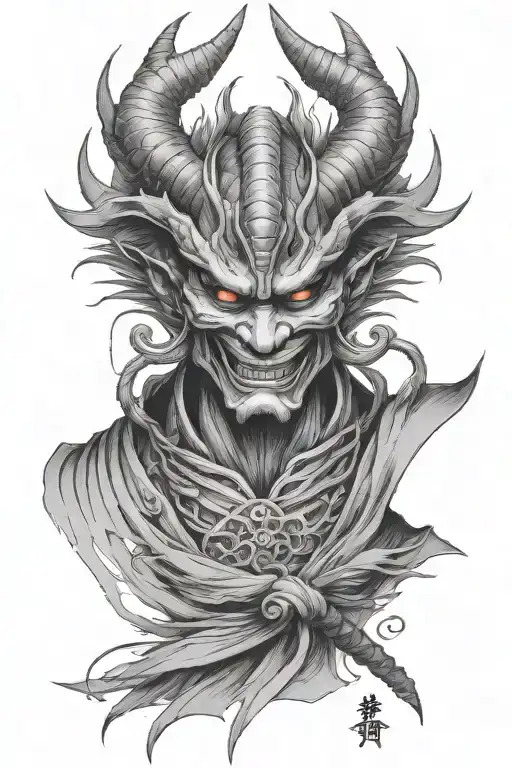 samurai, japanese dragon, oni mask, lycoris rayata tattoo design idea